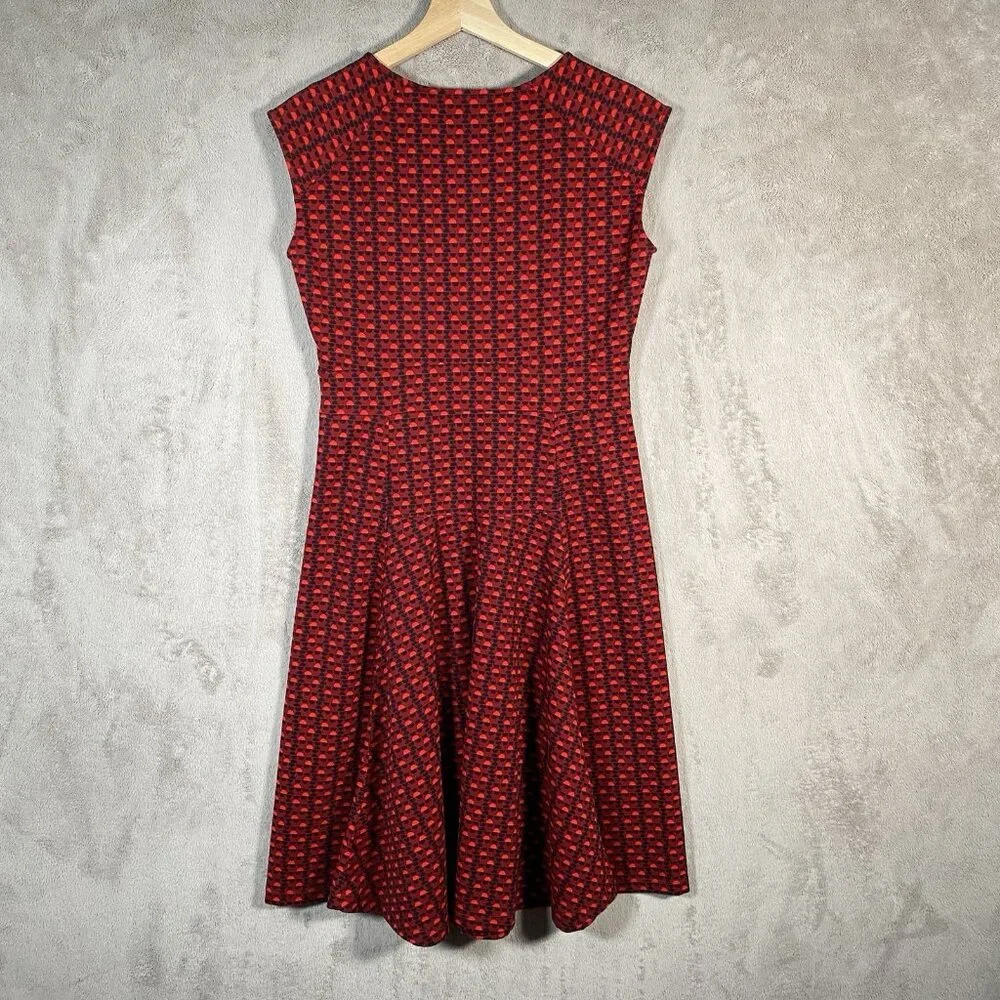 Lands End Ponte Knit Dress Red Geometric Cap Sleeve Fit & Flare Modest Church - Picture 7 of 12